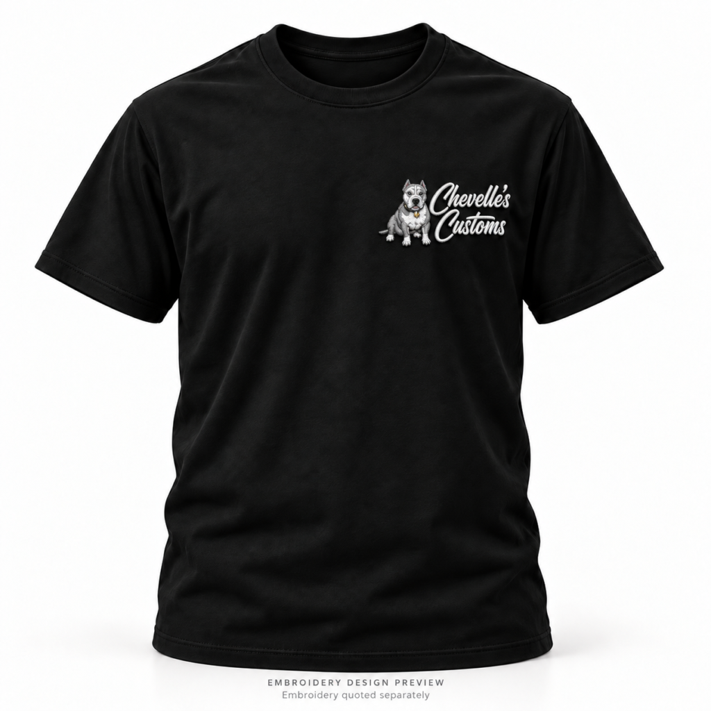 Embroidery design preview of a black tee with a raised Chevelle’s Customs logo.
