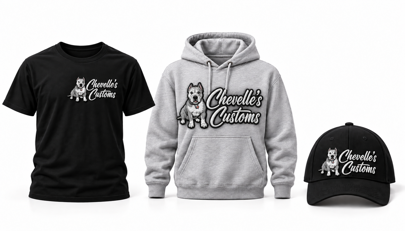 Concept mockup of a black shirt, gray hoodie, and black cap with raised Chevelle’s Customs logo embroidery.