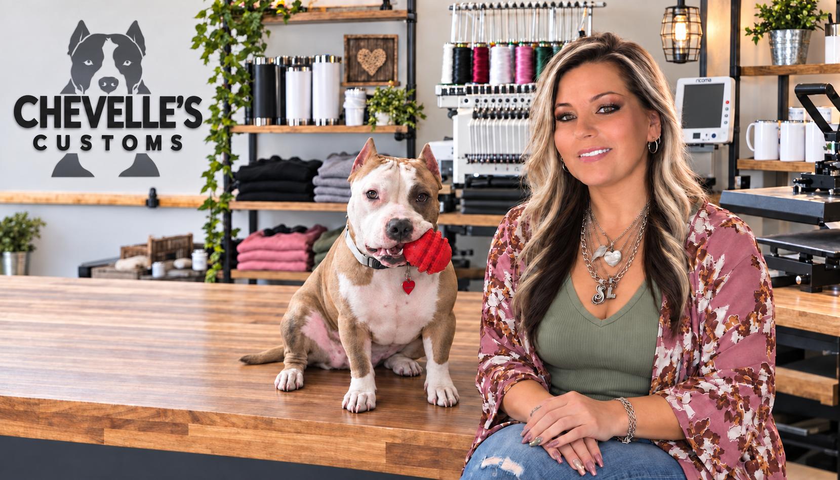 Chevelle’s Customs shop portrait with a dog, embroidery equipment, and apparel.