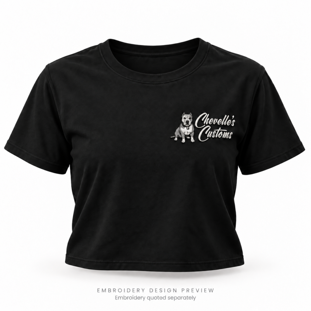 Embroidery design preview: black crop tee with raised Chevelle’s Customs logo. Embroidery quoted separately.