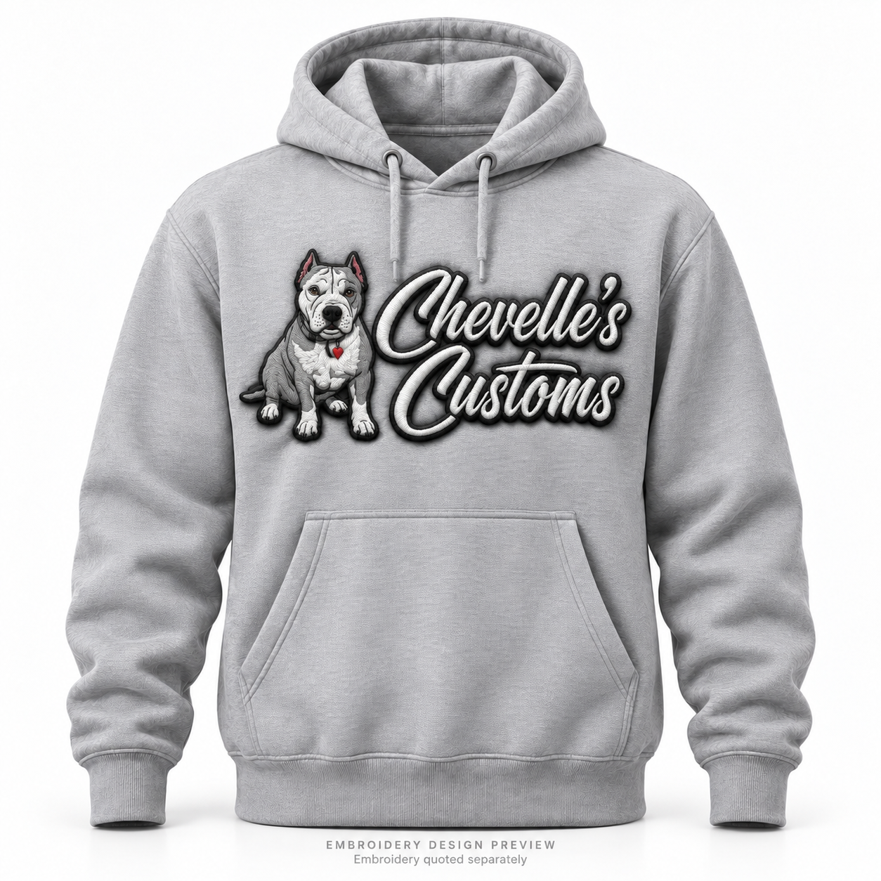 Embroidery design preview of a gray hoodie with a raised full-chest Chevelle’s Customs logo in white with black outlines.