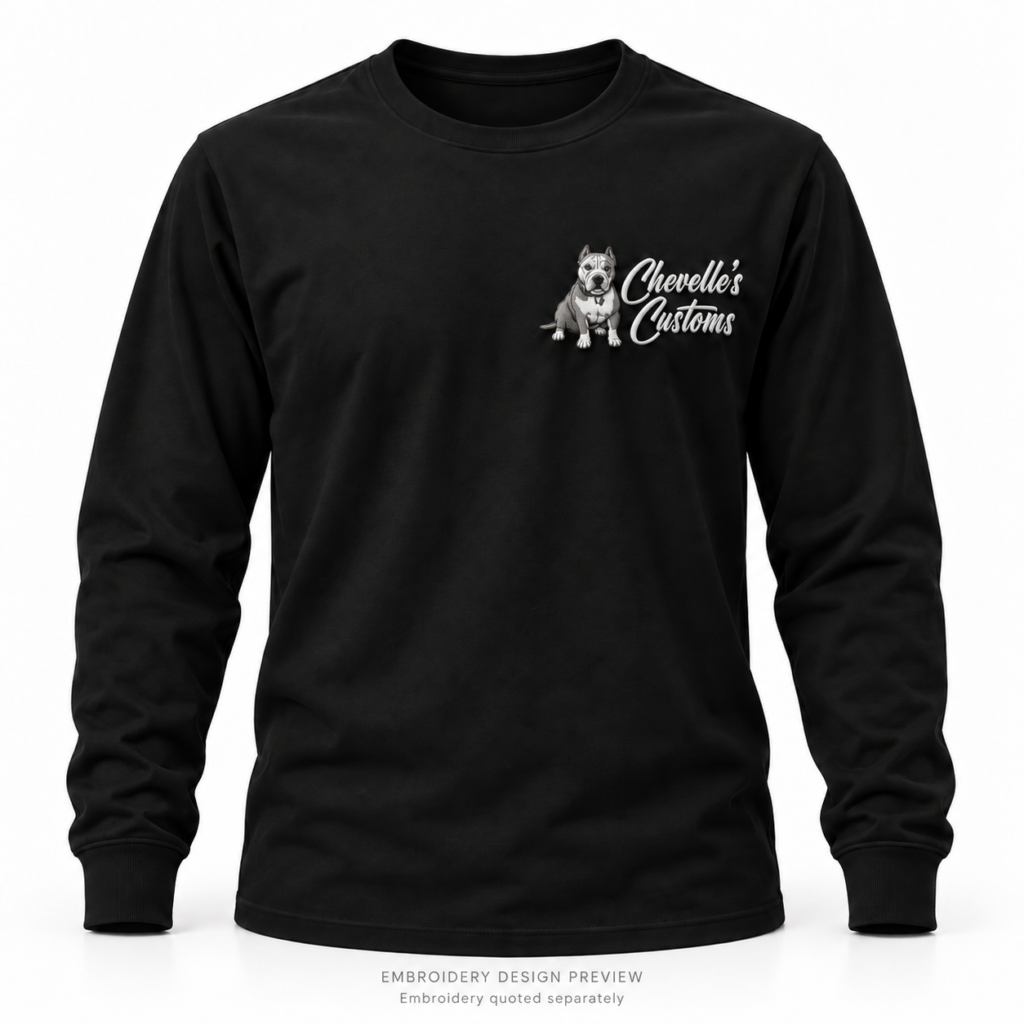 Embroidery design preview of a black long-sleeve tee with a raised Chevelle’s Customs chest logo.