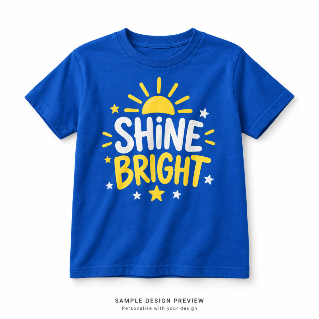Sample design preview: royal-blue youth T-shirt with a white and yellow Shine Bright sun and stars design.