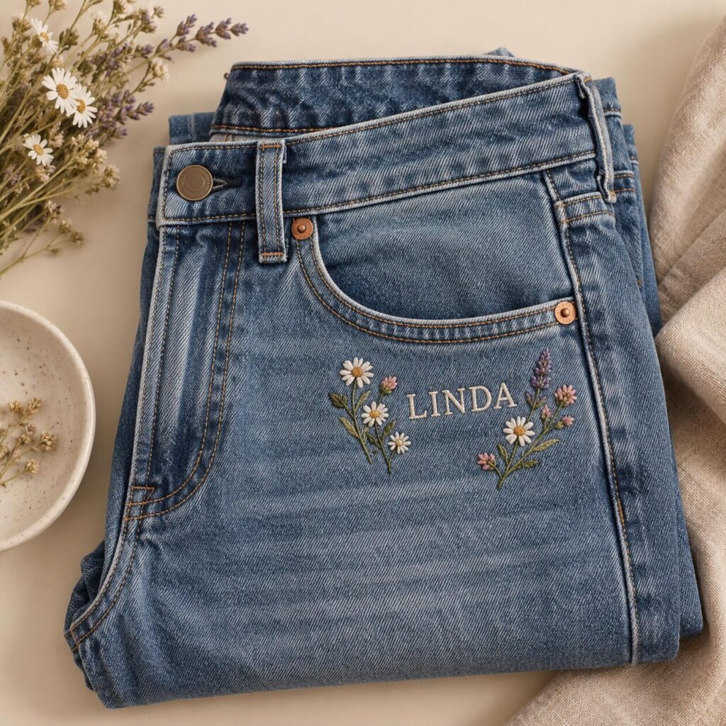 Blue jeans with white daisy embroidery and the name Linda, a personalization example.