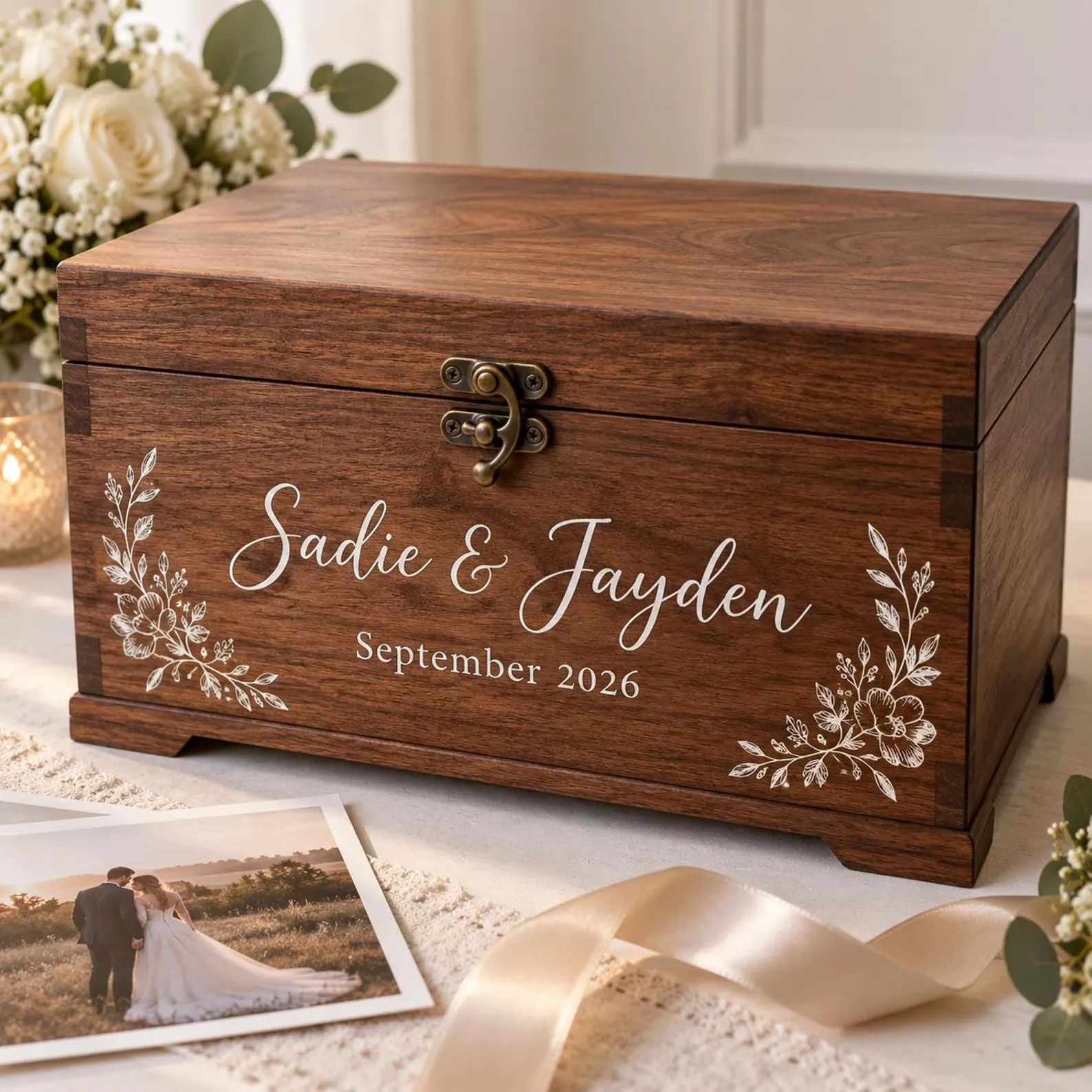 Personalized wedding keepsake chest design example.